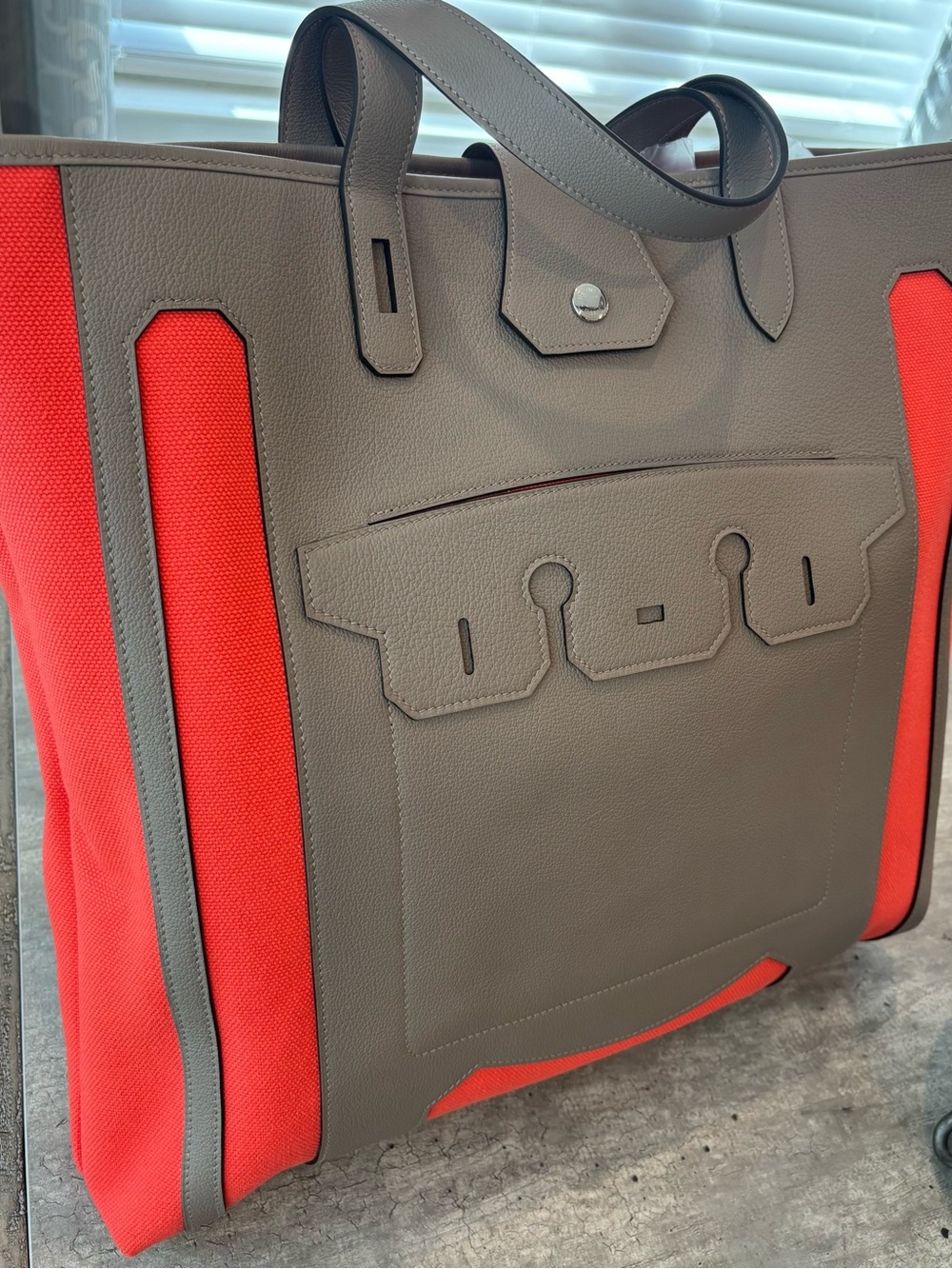 Hermes Taupe and Red Leather & Canvas Tote